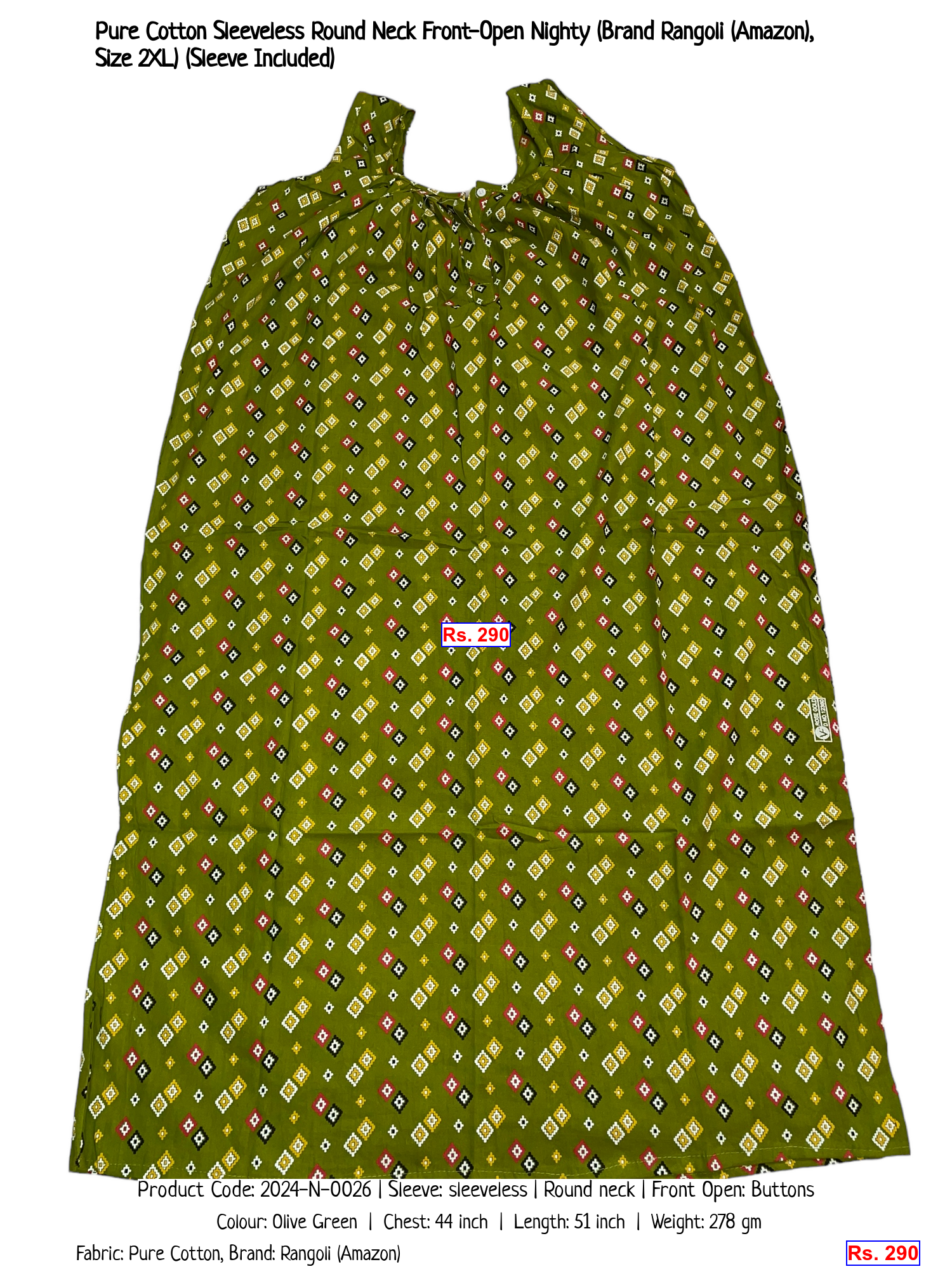 Pure Cotton Sleeveless Round Neck Front-Open Nighty (Brand Rangoli (Amazon), Size 2XL) (Sleeve Included)