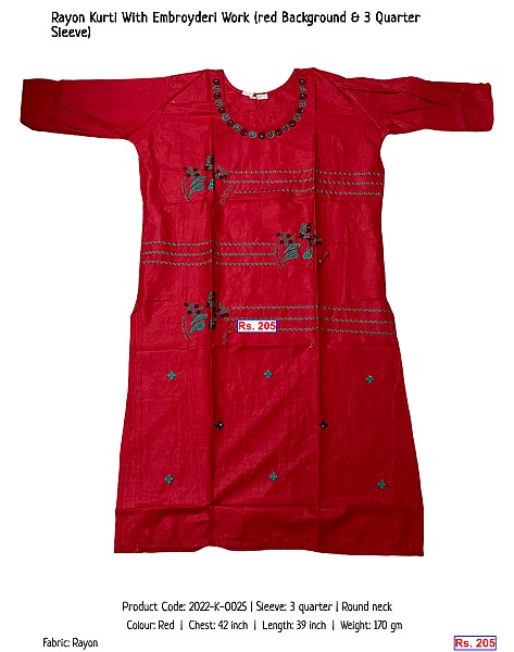 38-rayon-kurti-with-embroyderi-work-red-background-3-quarter-sleeve | Rs. 205