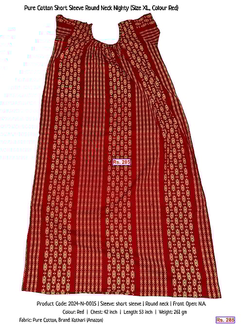 Pure Cotton Short Sleeve Round Neck Nighty (Size XL, Colour Red) | Rs. 285