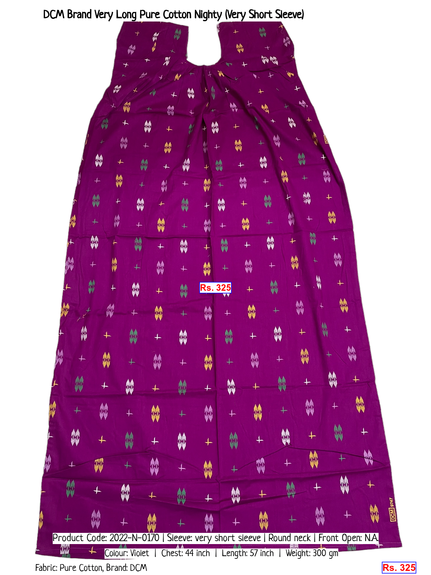 DCM Brand Very Long Pure Cotton Nighty (Very Short Sleeve)