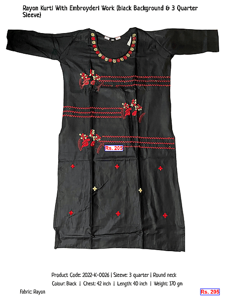 39-rayon-kurti-with-embroyderi-work-black-background-3-quarter-sleeve | Rs. 205