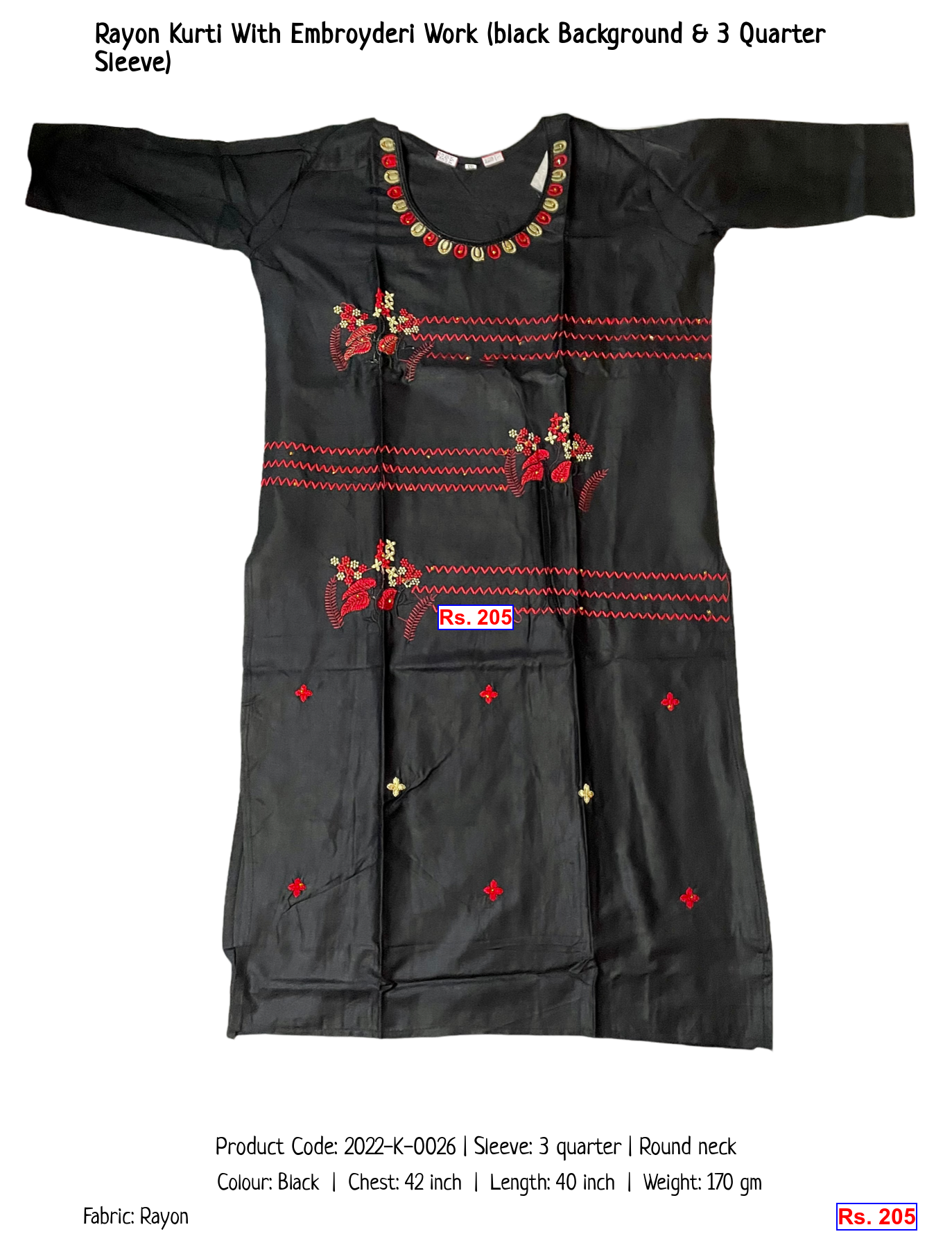 Rayon Kurti With Embroyderi Work (black Background & 3 Quarter Sleeve)