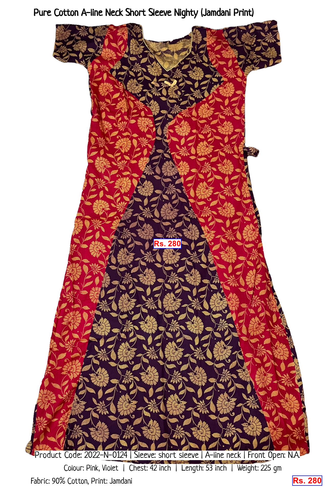 Pure Cotton A-line Neck Short Sleeve Nighty (Jamdani Print)