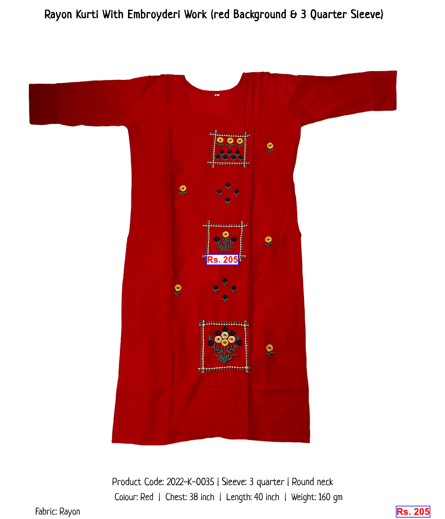 Rayon Kurti With Embroyderi Work (red Background & 3 Quarter Sleeve)