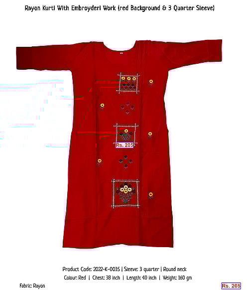 Rayon Kurti With Embroyderi Work (red Background & 3 Quarter Sleeve) | Rs. 205