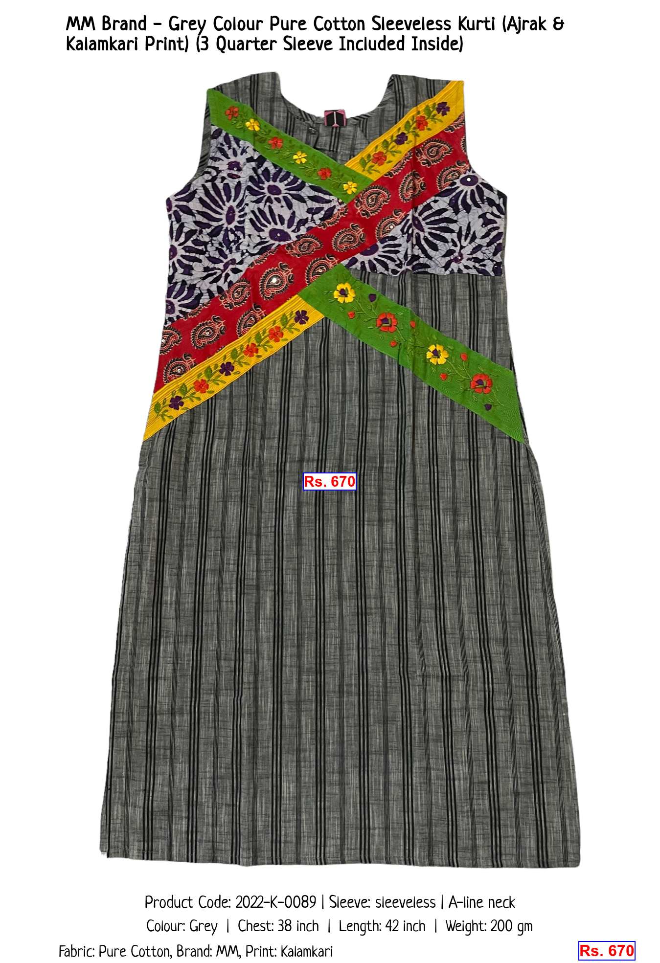 MM Brand - Grey Colour Pure Cotton Sleeveless Kurti (Ajrak & Kalamkari Print) (3 Quarter Sleeve Included Inside)