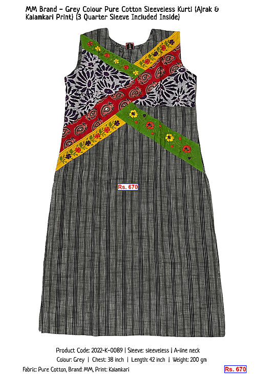 MM Brand - Grey Colour Pure Cotton Sleeveless Kurti (Ajrak & Kalamkari Print) (3 Quarter Sleeve Included Inside) | Rs. 670