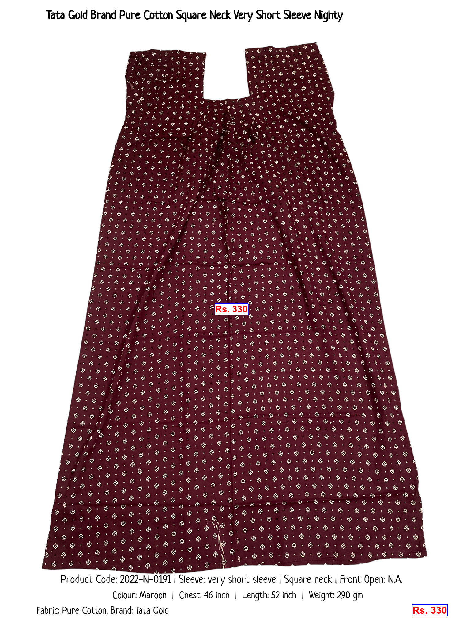 Tata Gold Brand Pure Cotton Square Neck Very Short Sleeve Nighty