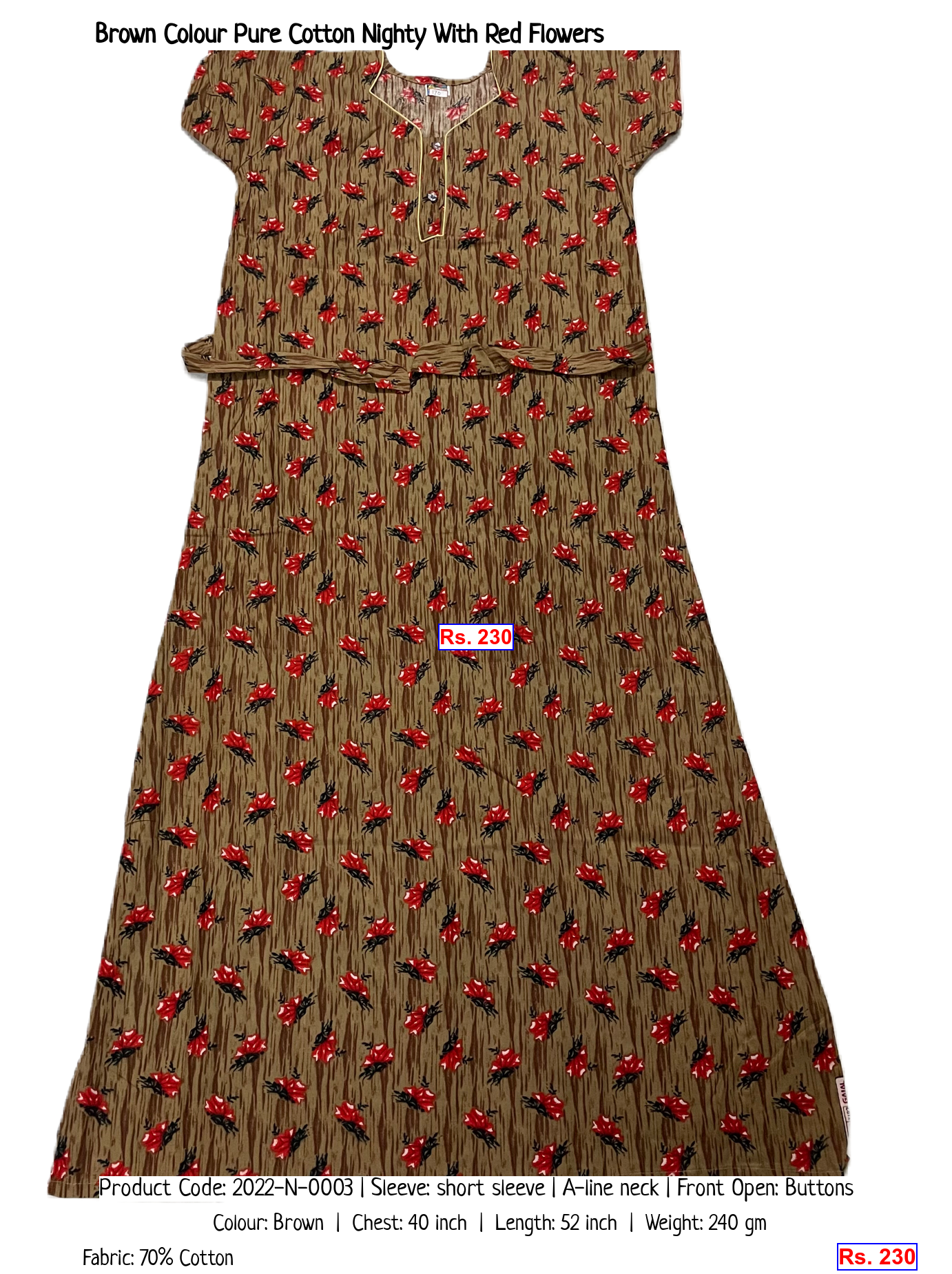 Brown Colour Pure Cotton Nighty With Red Flowers