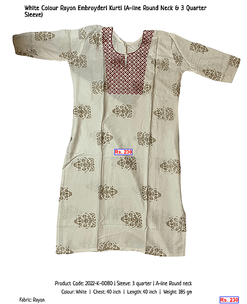 224-white-colour-rayon-embroyderi-kurti-a-line-round-neck-3-quarter-sleeve | Rs. 230