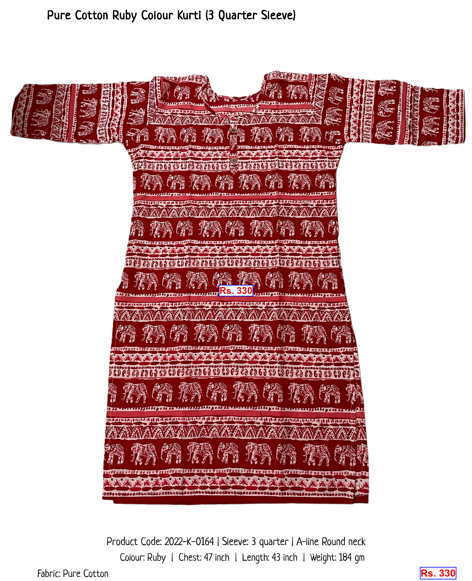 Pure Cotton Ruby Colour Kurti (3 Quarter Sleeve)