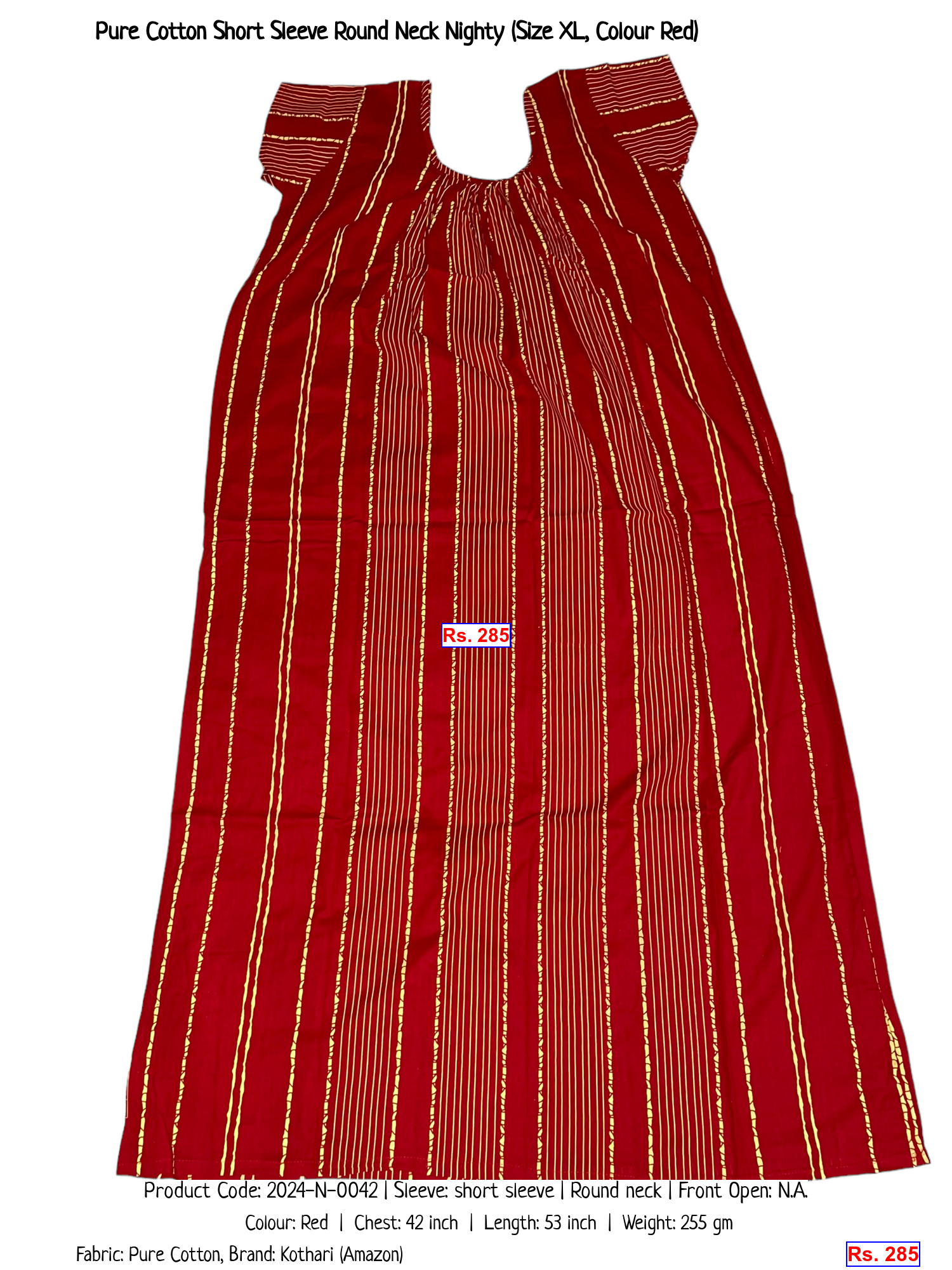 Pure Cotton Short Sleeve Round Neck Nighty (Size XL, Colour Red)