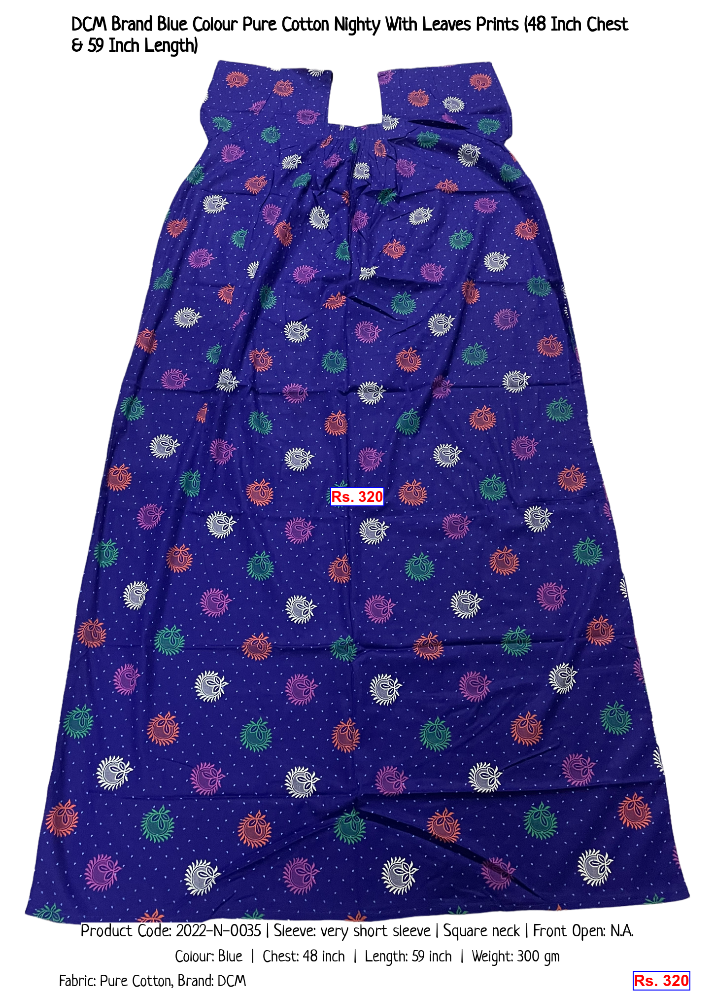 DCM Brand Blue Colour Pure Cotton Nighty With Leaves Prints (48 Inch Chest & 59 Inch Length)