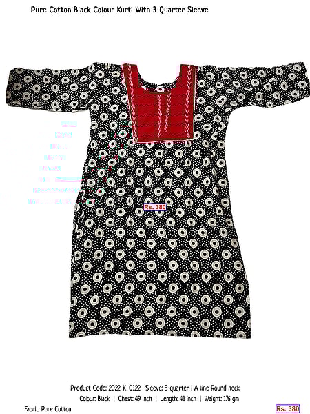 281-pure-cotton-black-colour-kurti-with-3-quarter-sleeve | Rs. 380