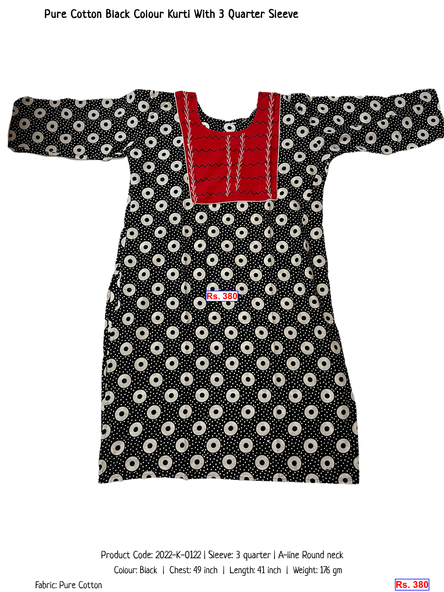 Pure Cotton Black Colour Kurti With 3 Quarter Sleeve