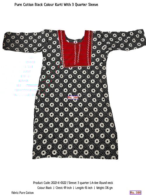 Pure Cotton Black Colour Kurti With 3 Quarter Sleeve | Rs. 380