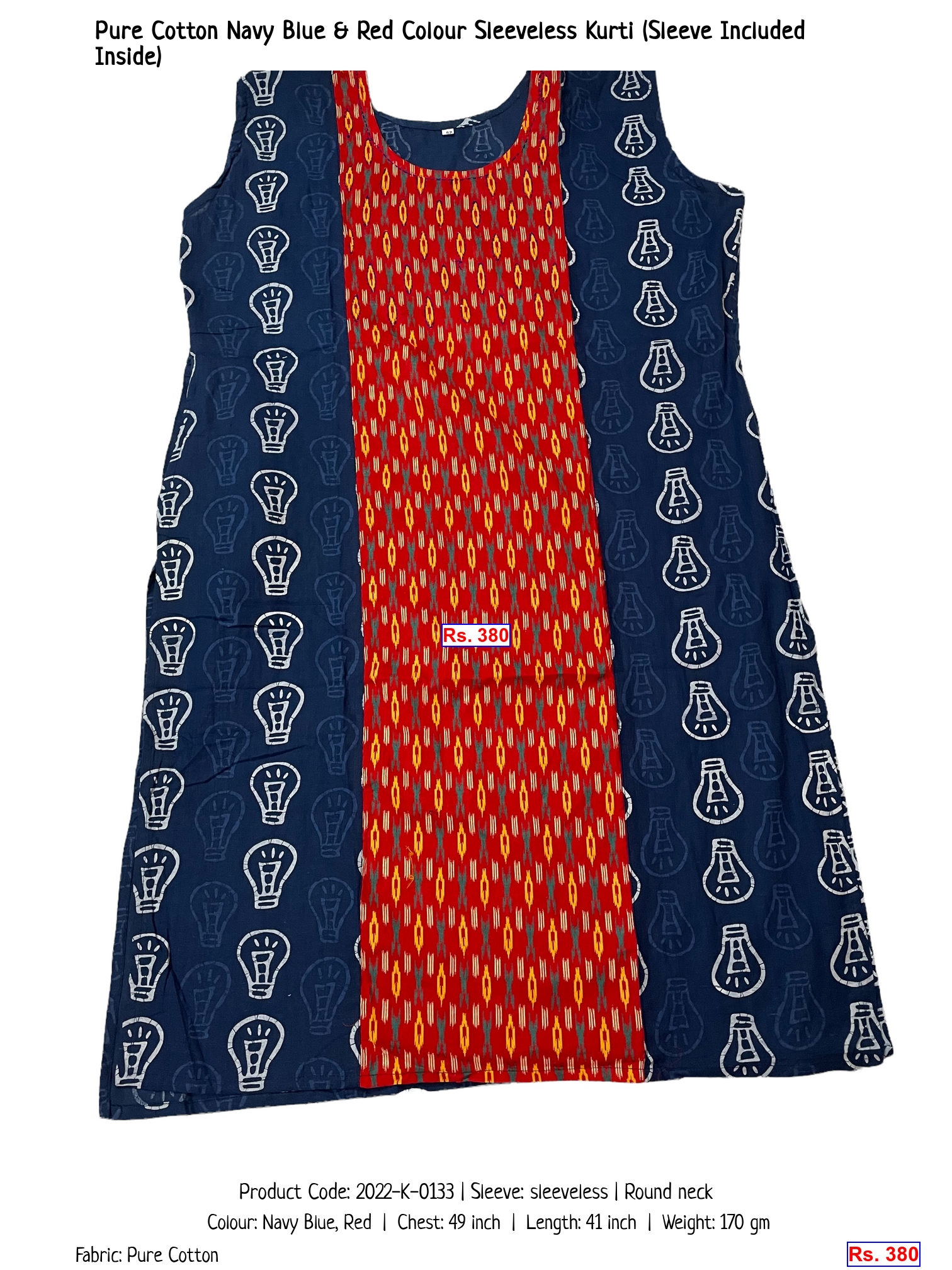 Pure Cotton Navy Blue & Red Colour Sleeveless Kurti (Sleeve Included Inside)