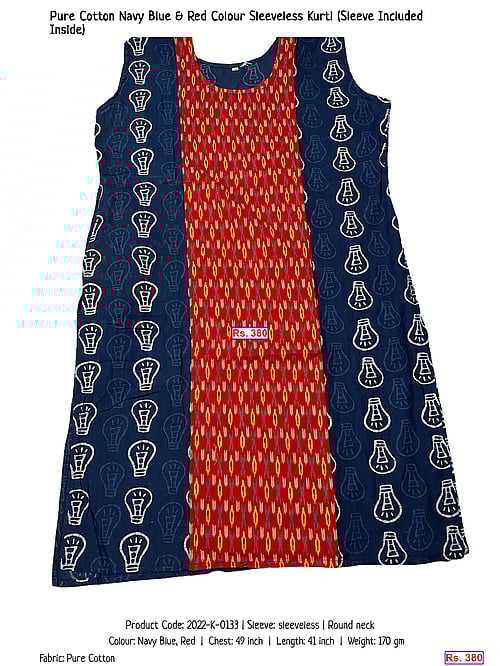 Pure Cotton Navy Blue & Red Colour Sleeveless Kurti (Sleeve Included Inside) | Rs. 380