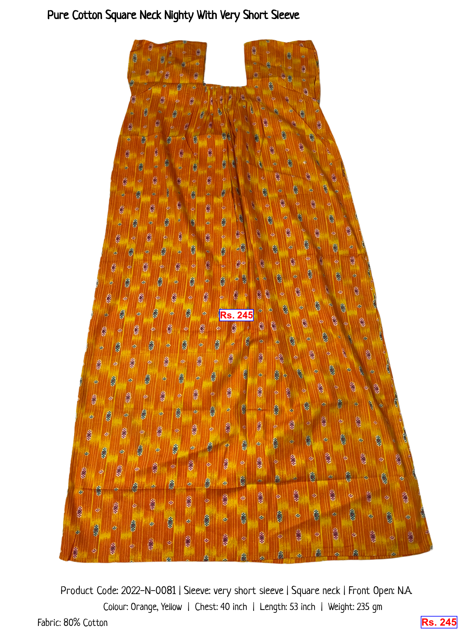 Pure Cotton Square Neck Nighty With Very Short Sleeve