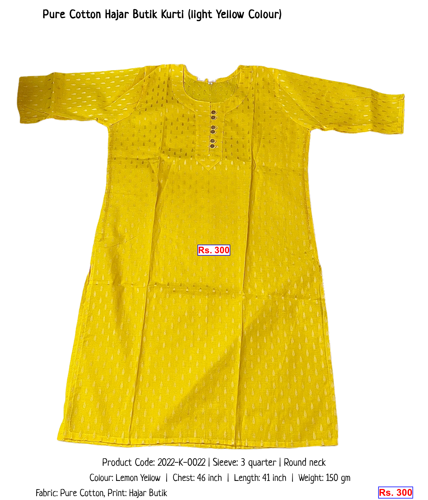 Pure Cotton Hajar Butik Kurti (light Yellow Colour)