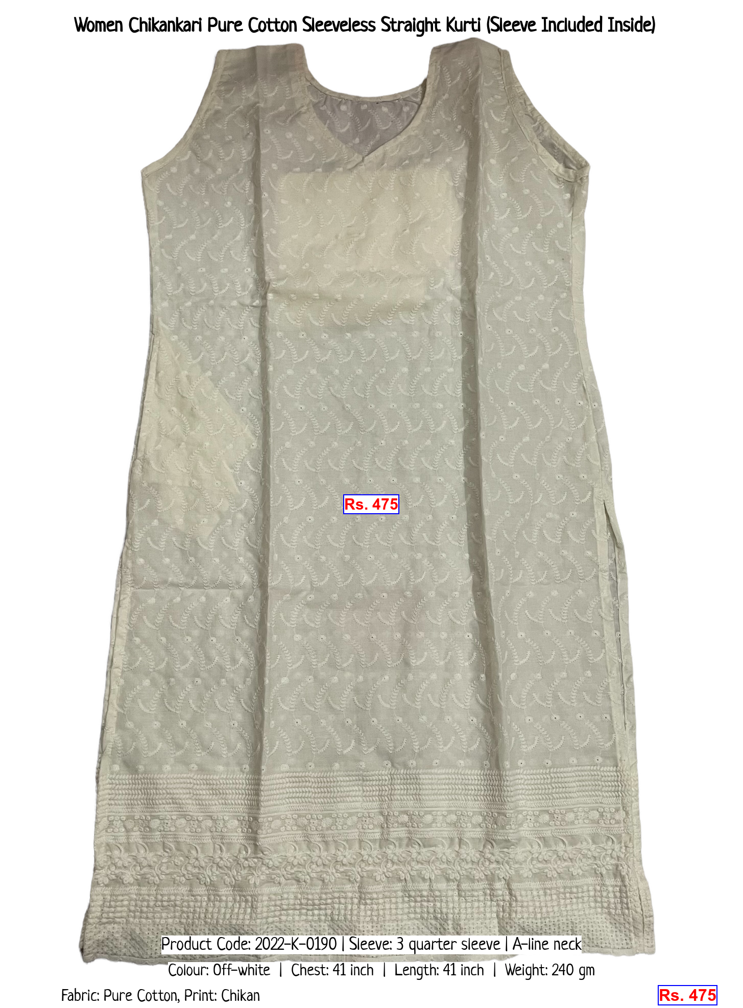 Women Chikankari Pure Cotton Sleeveless Straight Kurti (Sleeve Included Inside)