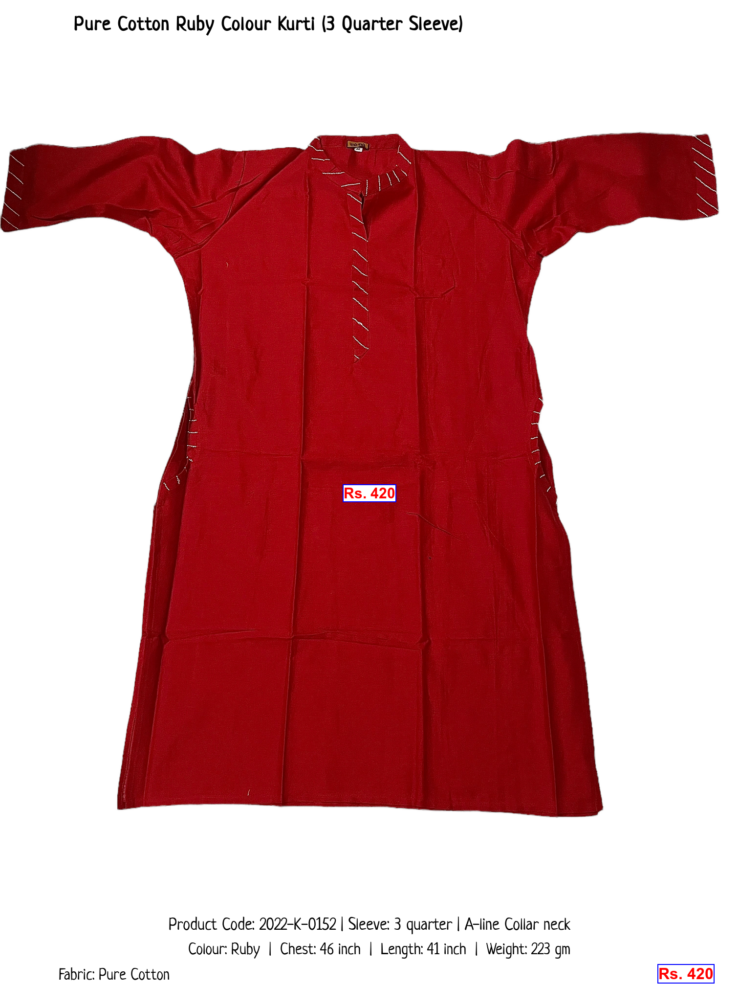 Pure Cotton Ruby Colour Kurti (3 Quarter Sleeve)