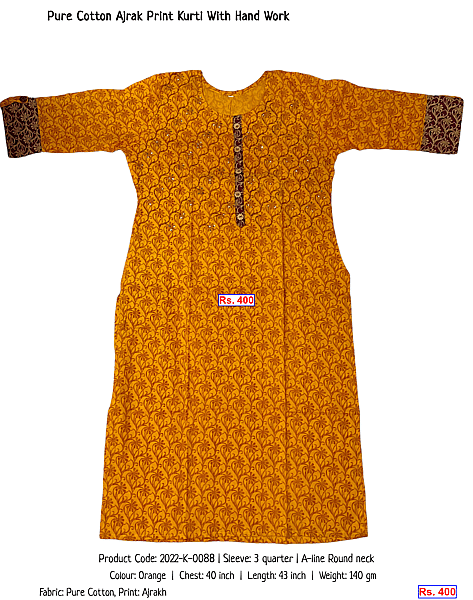 232-pure-cotton-ajrak-print-kurti-with-hand-work | Rs. 400