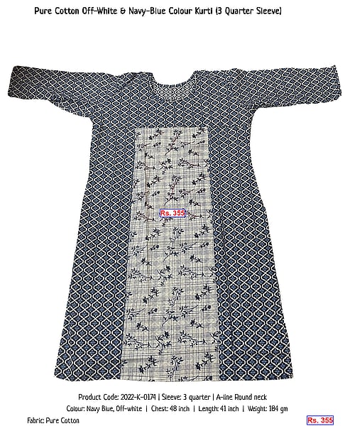 333-pure-cotton-off-white-navy-blue-colour-kurti-3-quarter-sleeve | Rs. 355