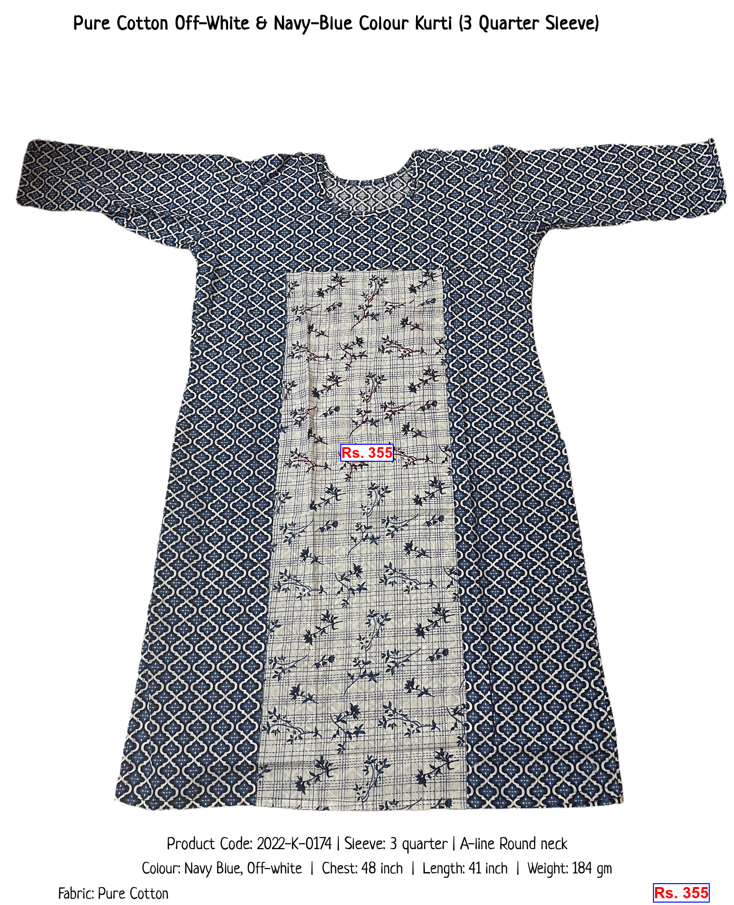 Pure Cotton Off-White & Navy-Blue Colour Kurti (3 Quarter Sleeve)