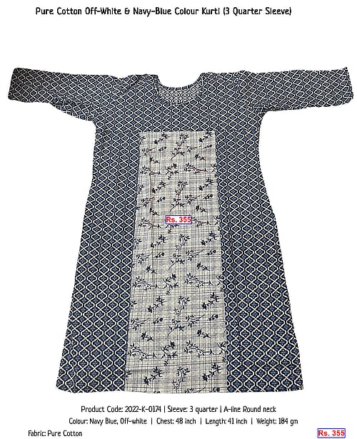 Pure Cotton Off-White & Navy-Blue Colour Kurti (3 Quarter Sleeve) | Rs. 355