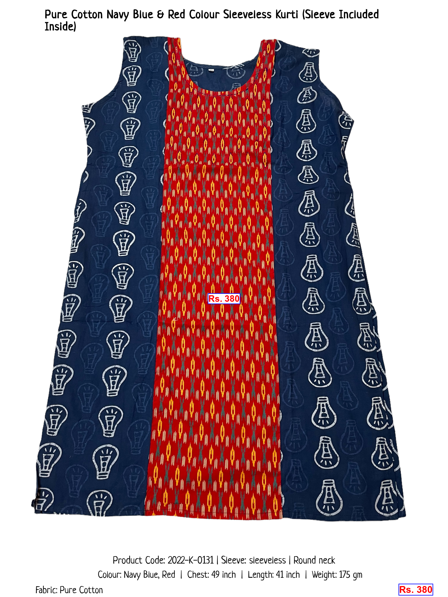 Pure Cotton Navy Blue & Red Colour Sleeveless Kurti (Sleeve Included Inside)