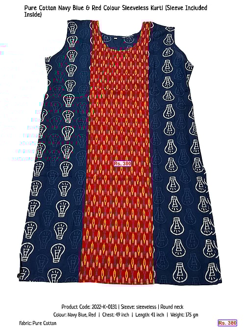 Pure Cotton Navy Blue & Red Colour Sleeveless Kurti (Sleeve Included Inside) | Rs. 380