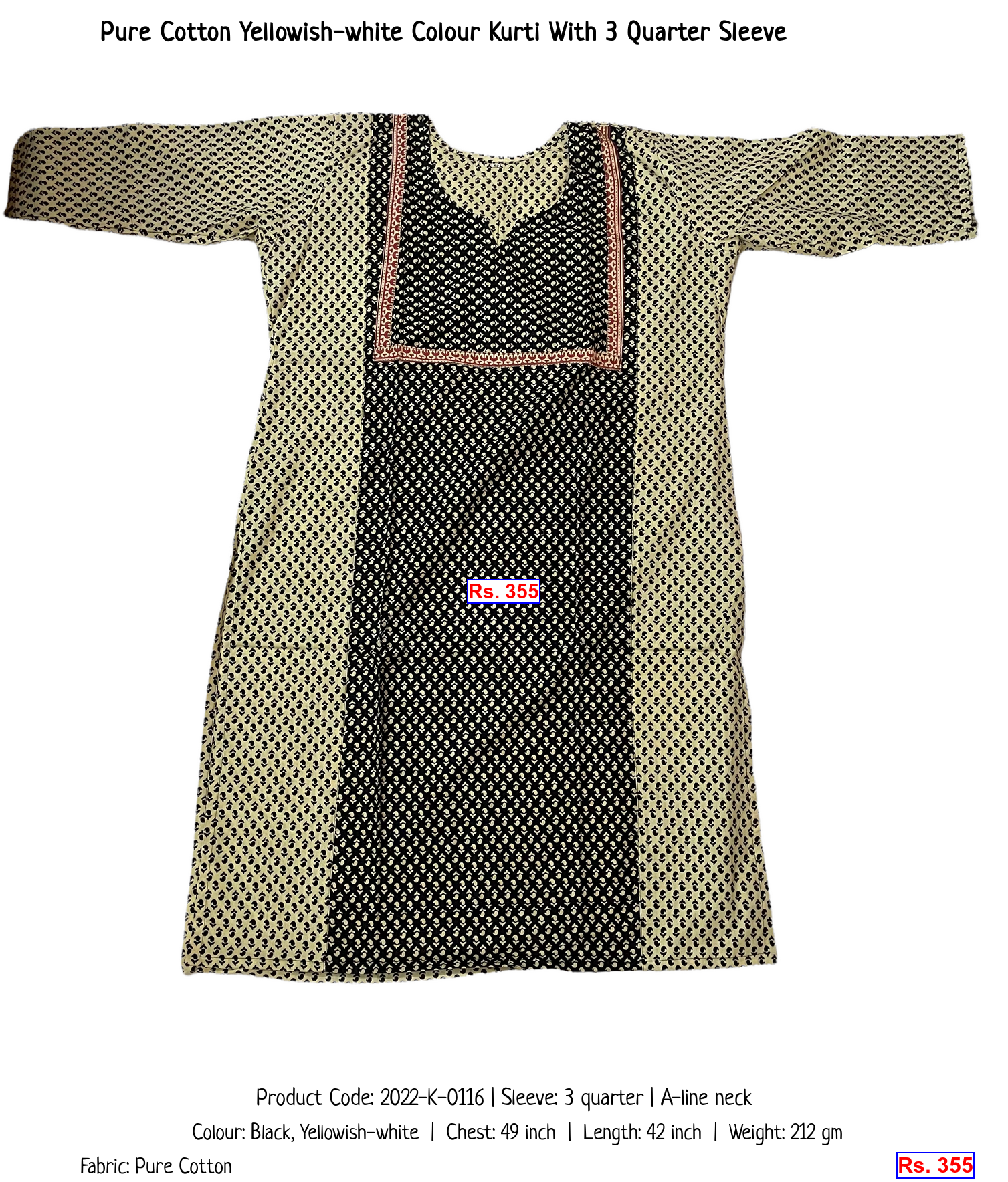 Pure Cotton Yellowish-white Colour Kurti With 3 Quarter Sleeve