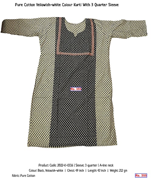 Pure Cotton Yellowish-white Colour Kurti With 3 Quarter Sleeve | Rs. 355