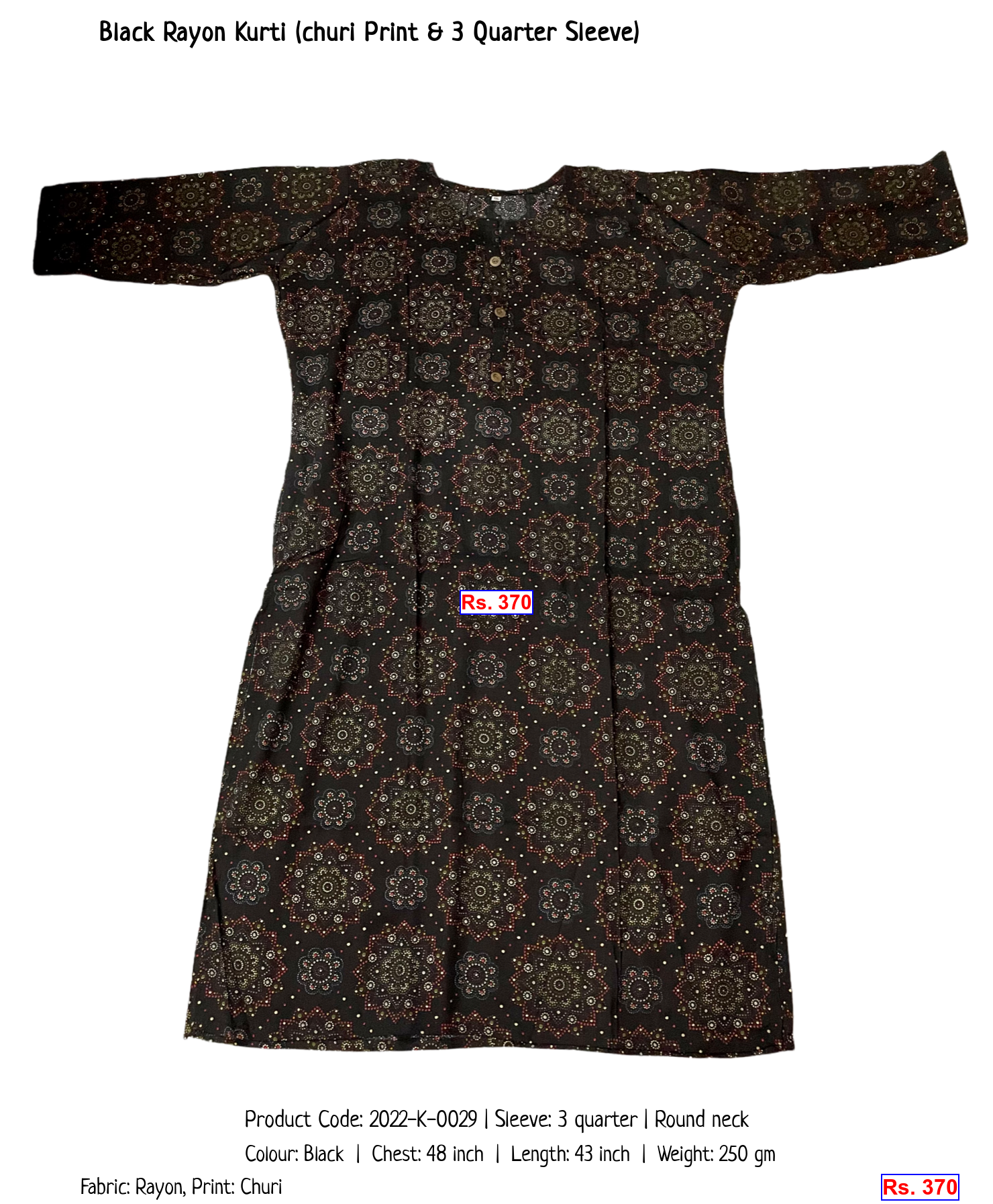 Black Rayon Kurti (churi Print & 3 Quarter Sleeve)