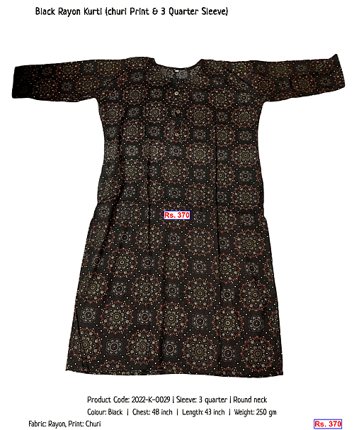 Black Rayon Kurti (churi Print & 3 Quarter Sleeve) | Rs. 370