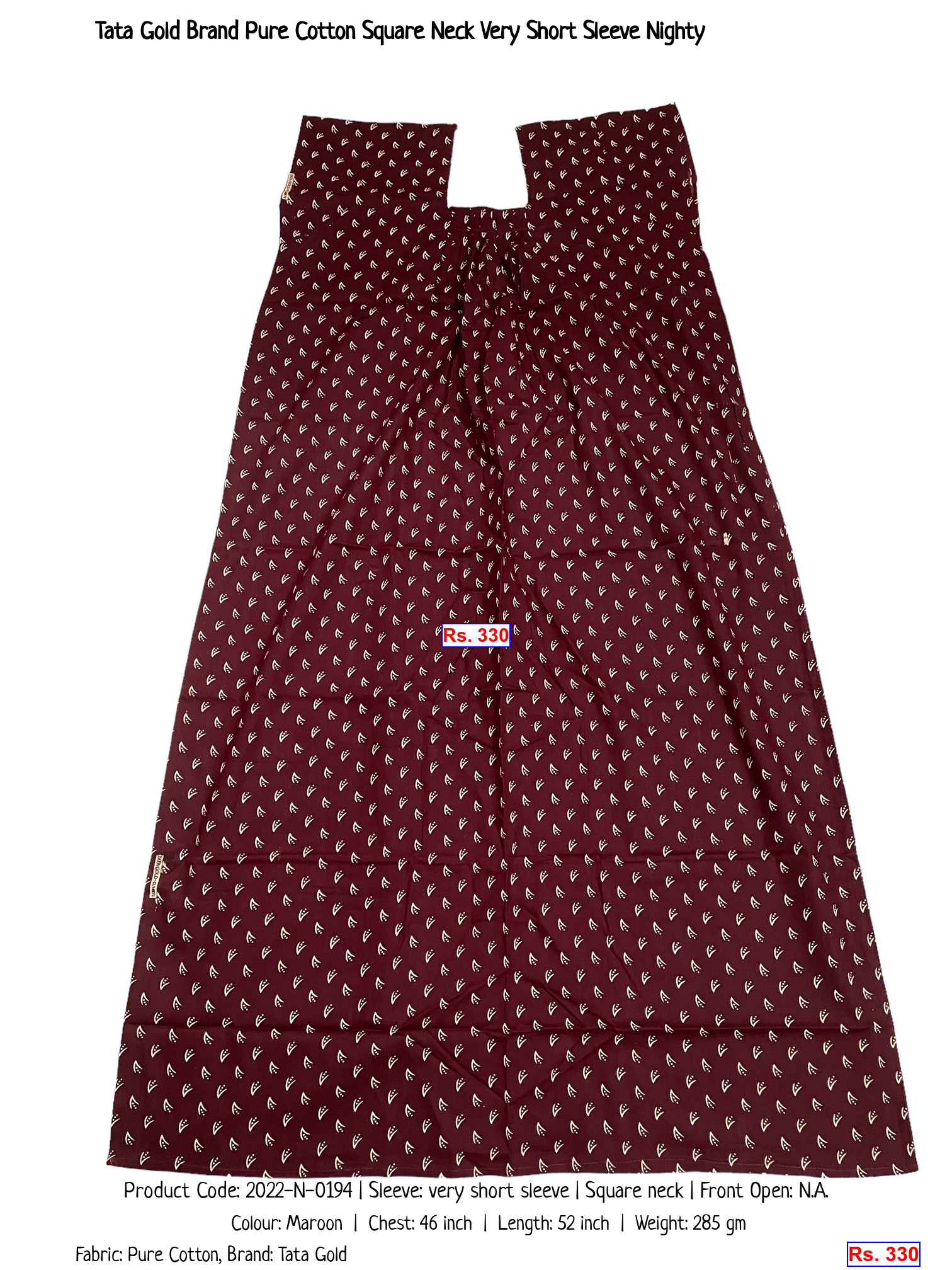 Tata Gold Brand Pure Cotton Square Neck Very Short Sleeve Nighty