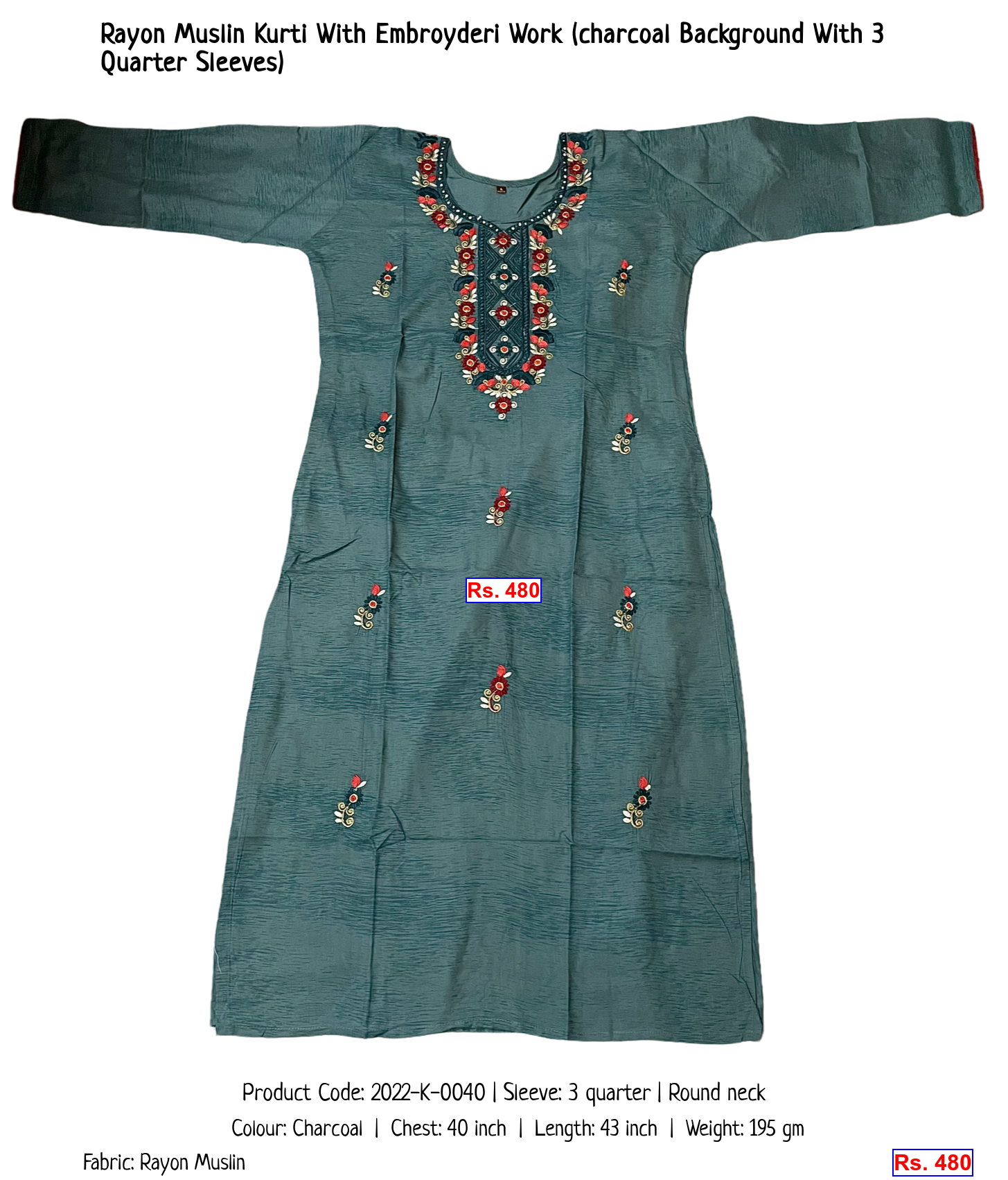 Rayon Muslin Kurti With Embroyderi Work (charcoal Background With 3 Quarter Sleeves)