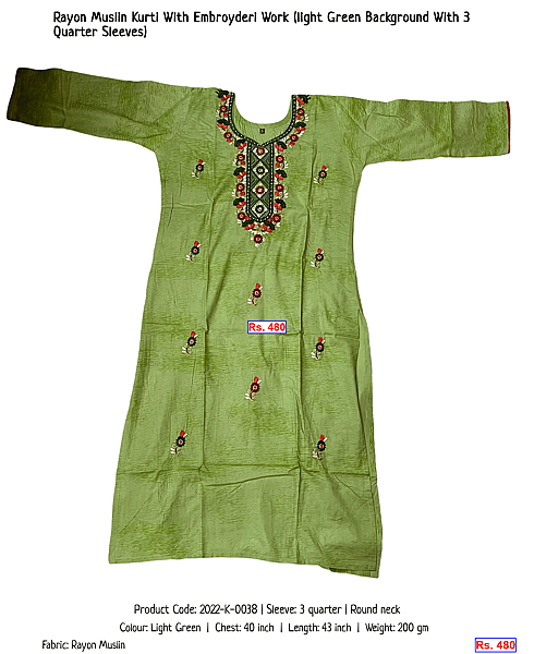 50-rayon-muslin-kurti-with-embroyderi-work-light-green-background-with-3-quarter-sleeves | Rs. 480