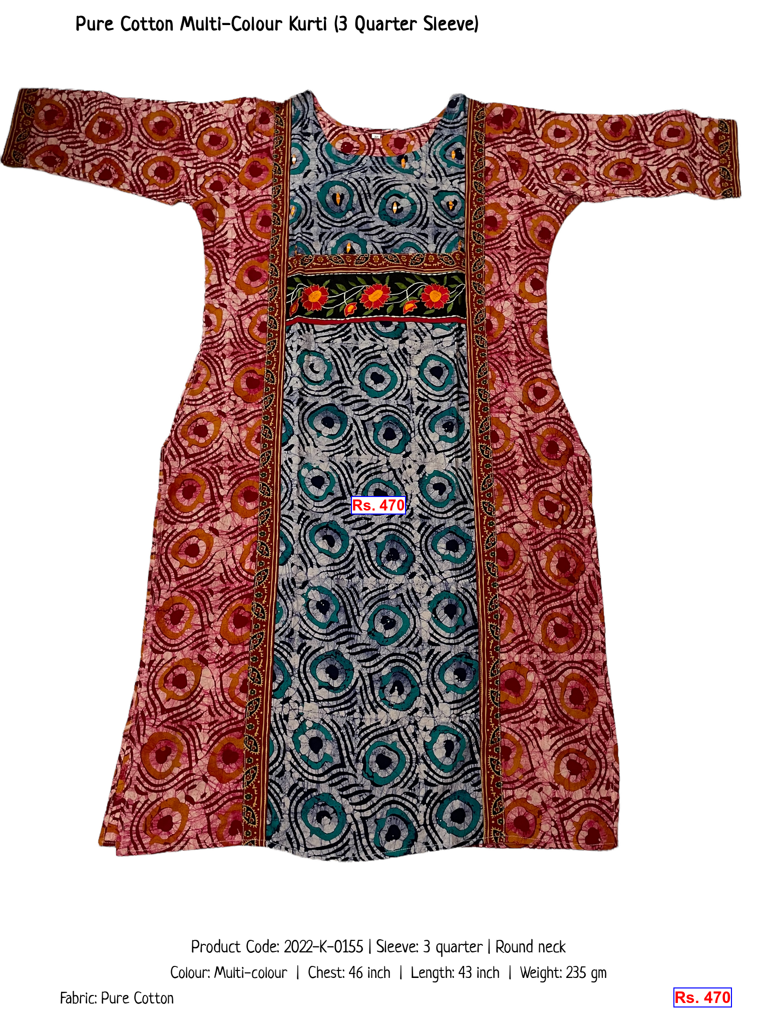 Pure Cotton Multi-Colour Kurti (3 Quarter Sleeve)