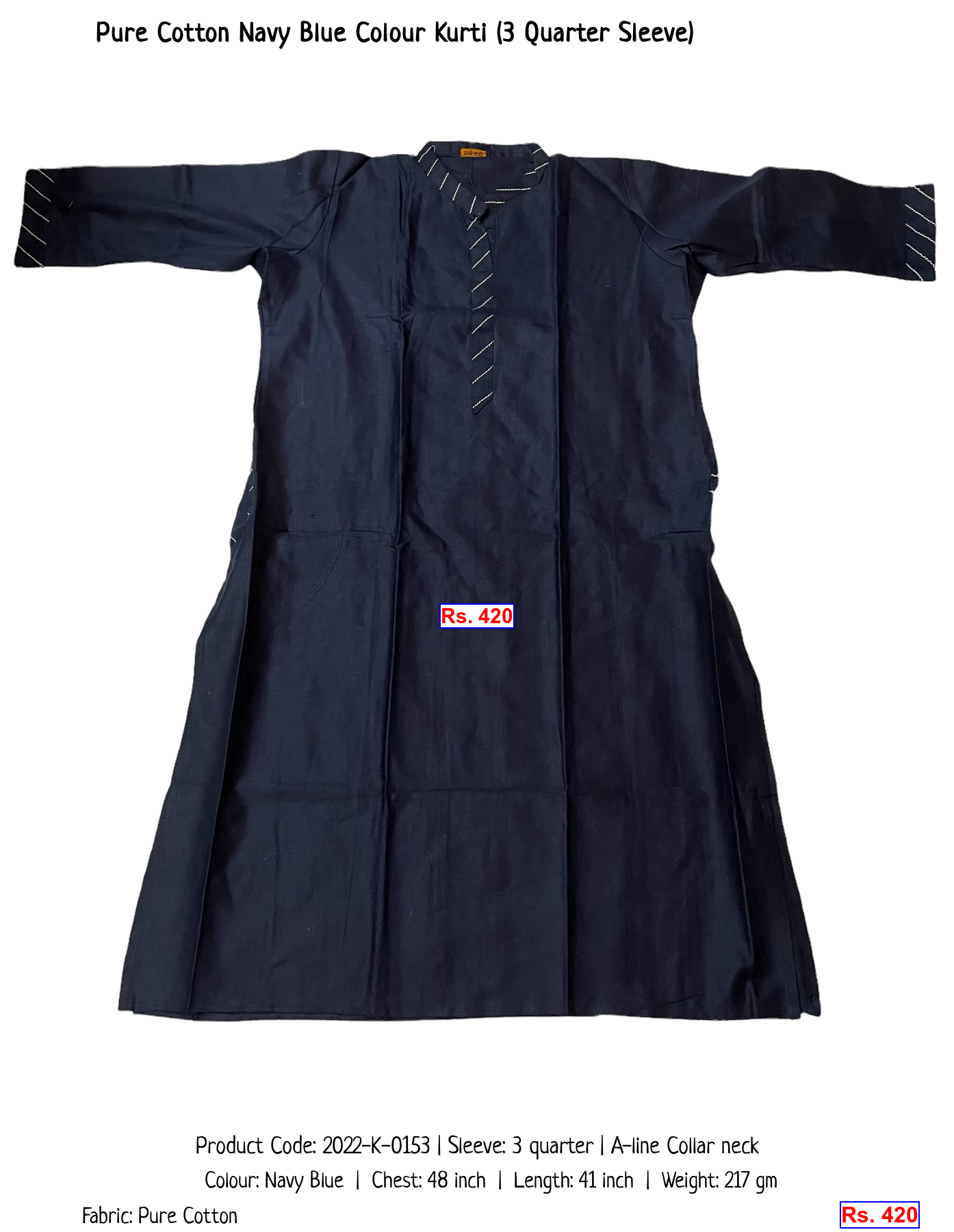 Pure Cotton Navy Blue Colour Kurti (3 Quarter Sleeve)