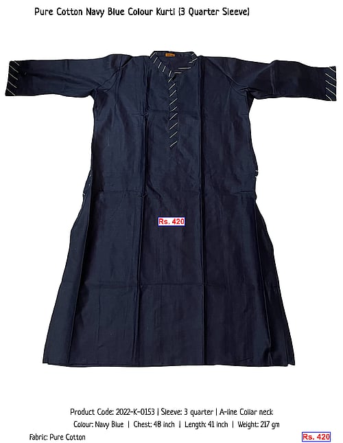 Pure Cotton Navy Blue Colour Kurti (3 Quarter Sleeve) | Rs. 420