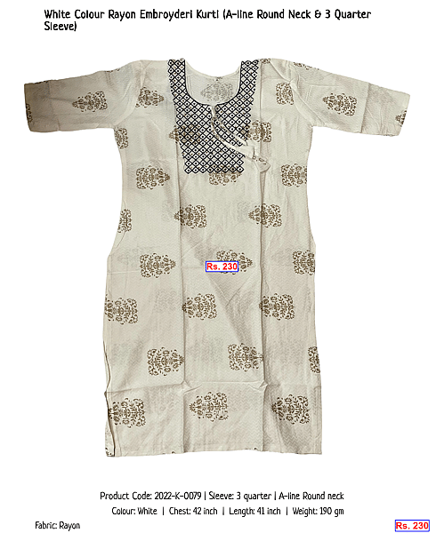 223-white-colour-rayon-embroyderi-kurti-a-line-round-neck-3-quarter-sleeve | Rs. 230