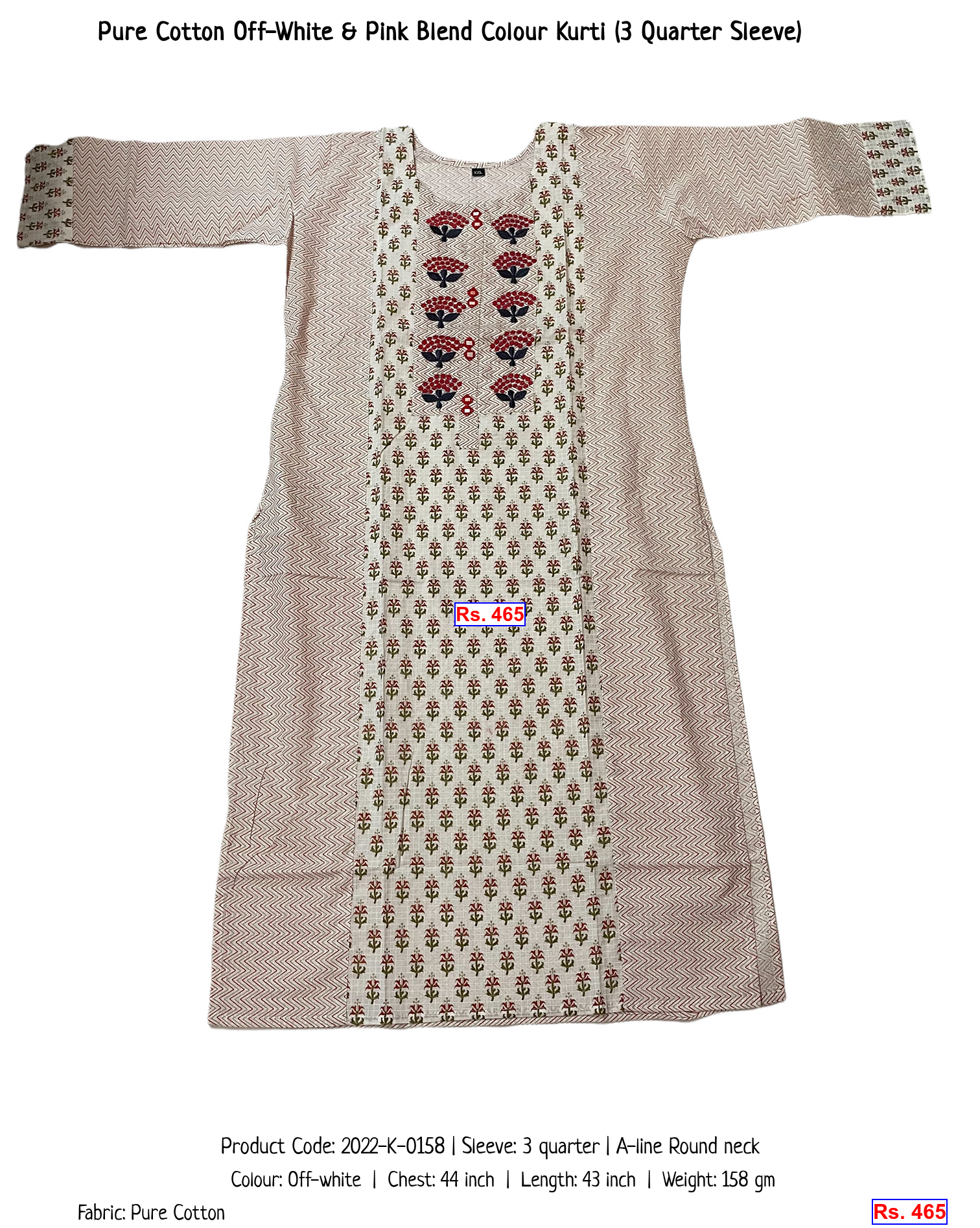 Pure Cotton Off-White & Pink Blend Colour Kurti (3 Quarter Sleeve)
