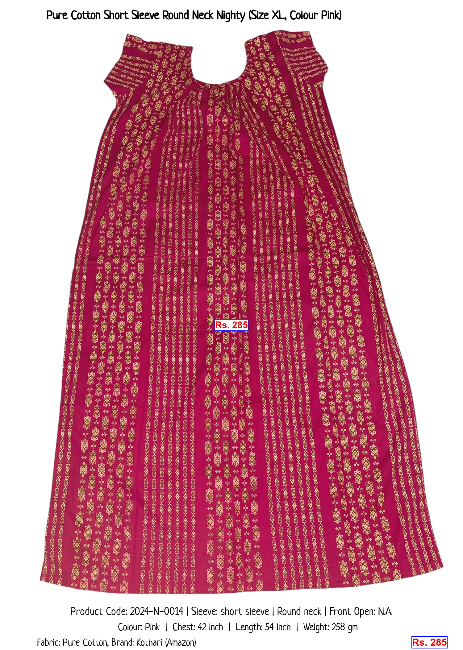 Pure Cotton Short Sleeve Round Neck Nighty (Size XL, Colour Pink)