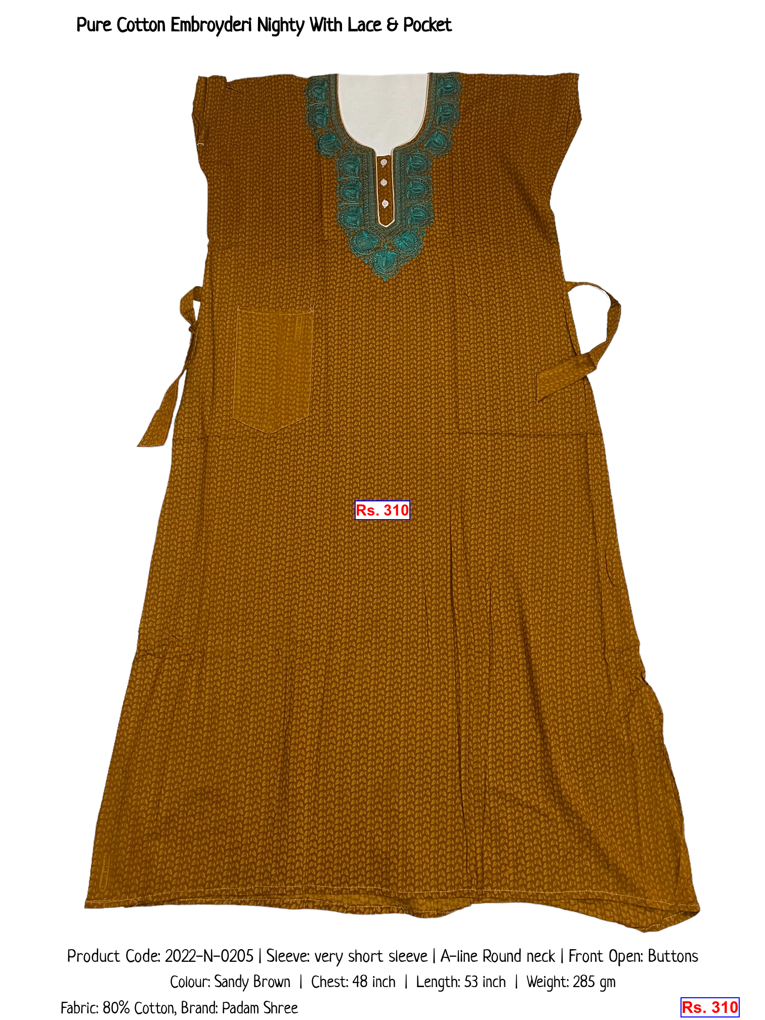 Pure Cotton Embroyderi Nighty With Lace & Pocket