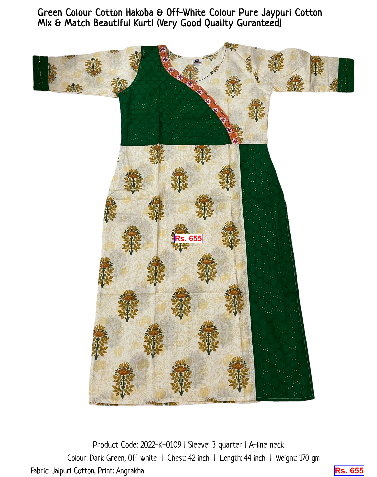 Green Colour Cotton Hakoba & Off-White Colour Pure Jaypuri Cotton Mix & Match Beautiful Kurti (Very Good Quality Guranteed)