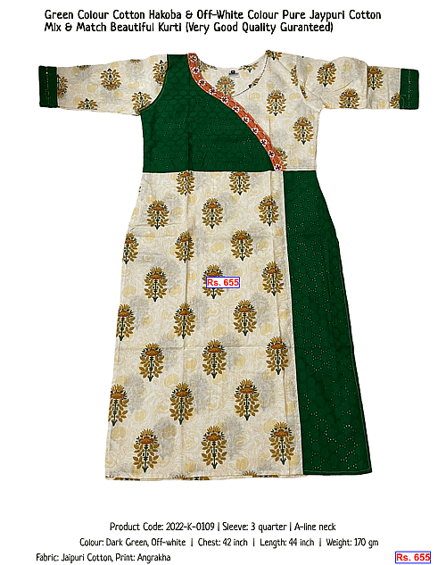 Green Colour Cotton Hakoba & Off-White Colour Pure Jaypuri Cotton Mix & Match Beautiful Kurti (Very Good Quality Guranteed) | Rs. 655
