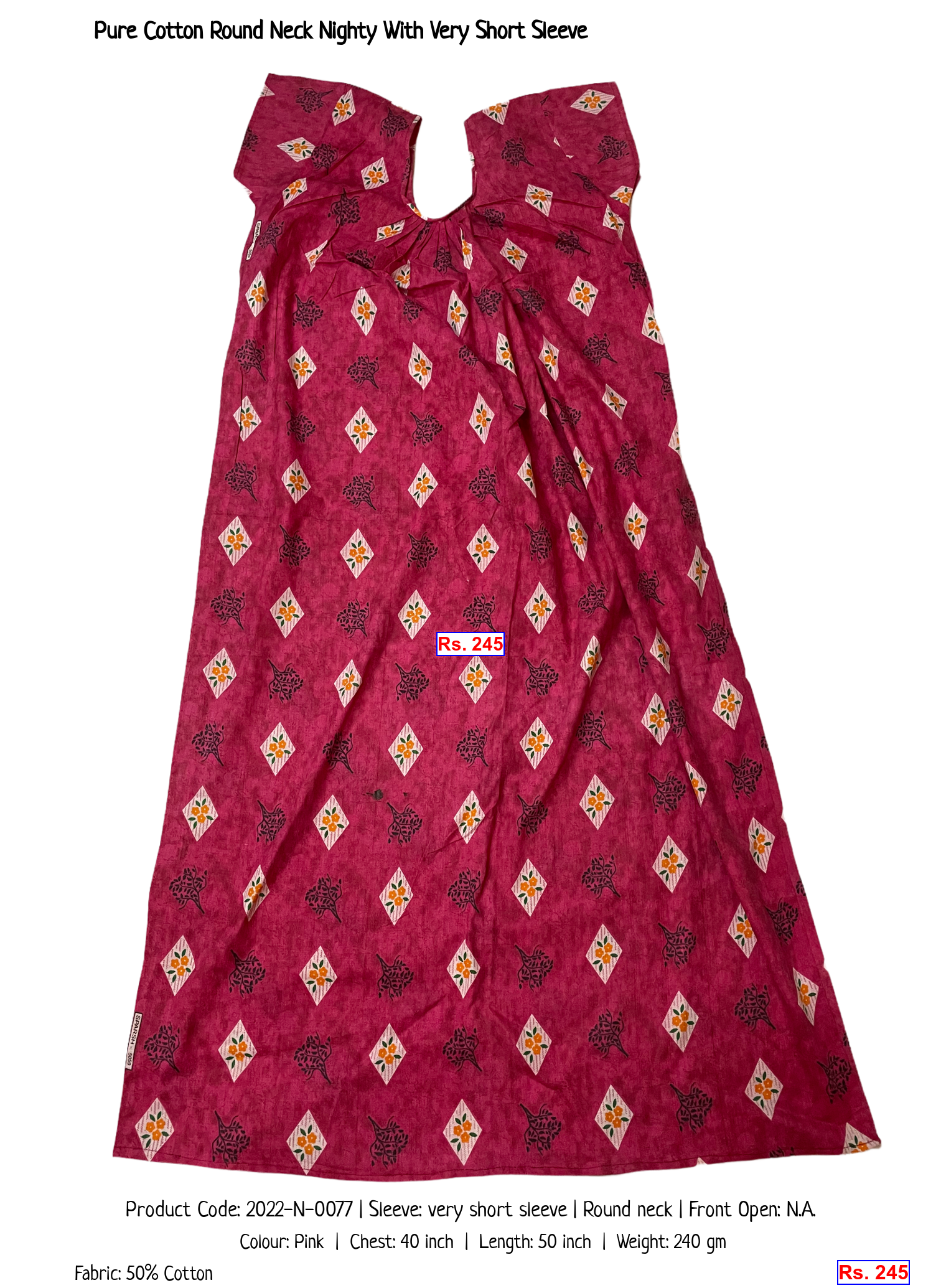 Pure Cotton Round Neck Nighty With Very Short Sleeve