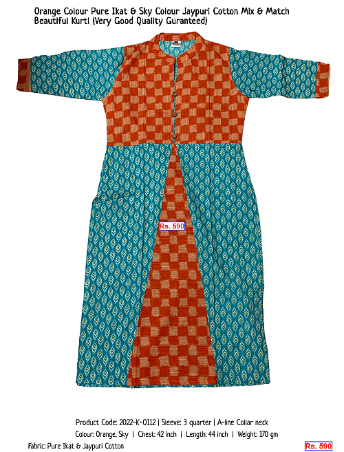 Orange Colour Pure Ikat & Sky Colour Jaypuri Cotton Mix & Match Beautiful Kurti (Very Good Quality Guranteed) | Rs. 590